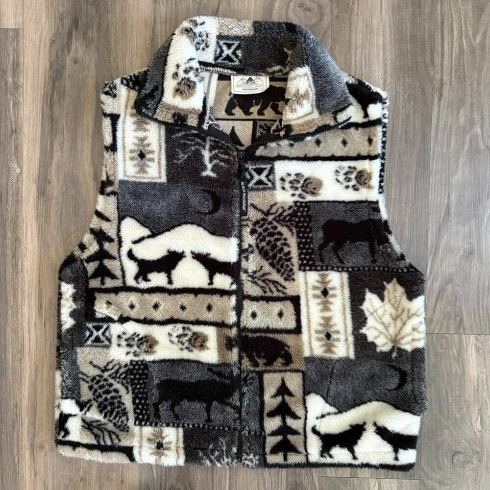 Vintage Black Mountain Fleece Vest Size M Brown Black White Nature Outdoor